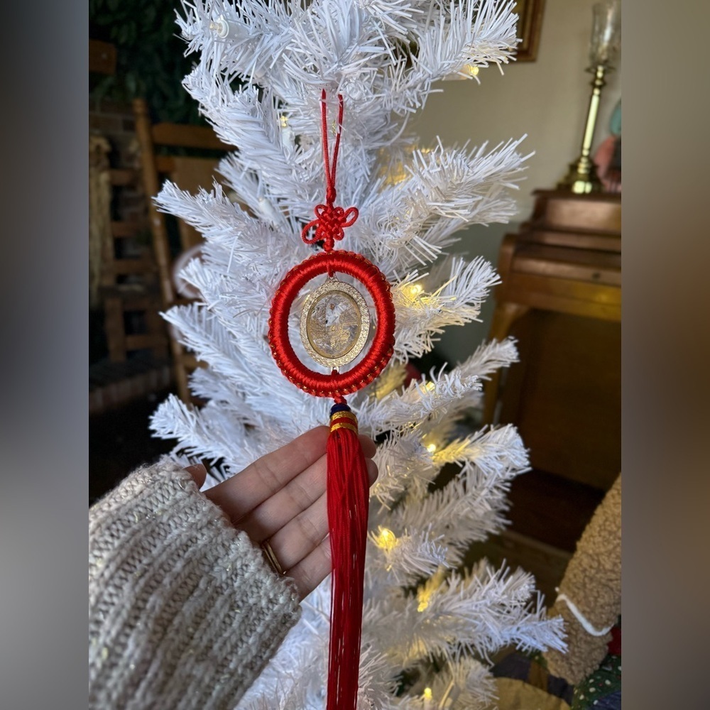Chinese Feng Shui lucky coin hanging charm with a red knot and tassel Ornament